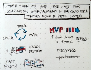 sketchnotes for "More than an MVP: The case for continuous improvement in the COVID era"